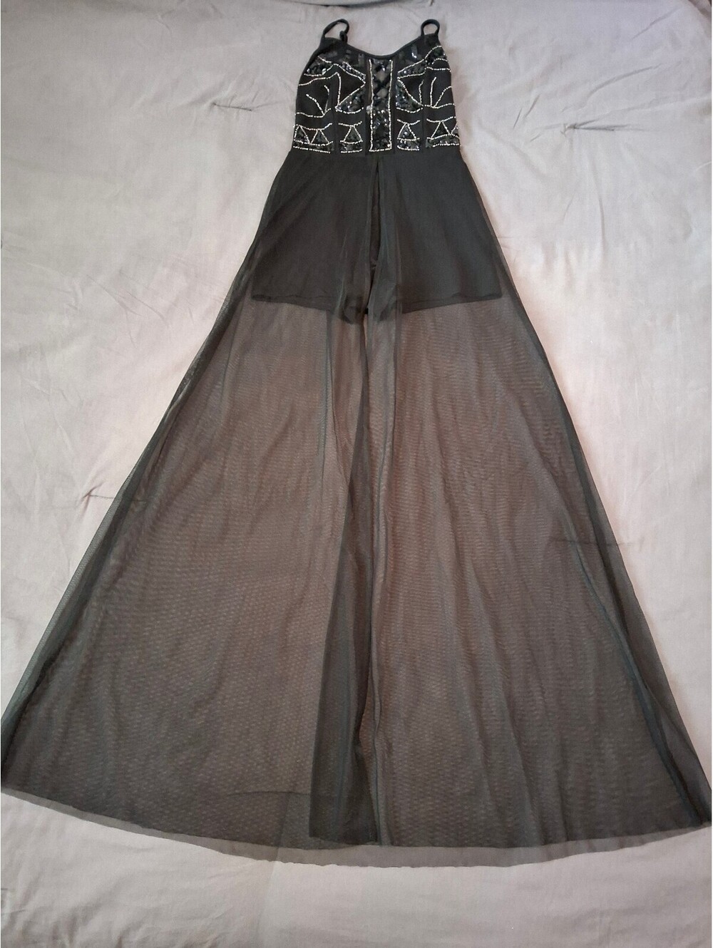 Black Beaded Sequin Sheer Mesh Maxi Overlay Romper Gown XS